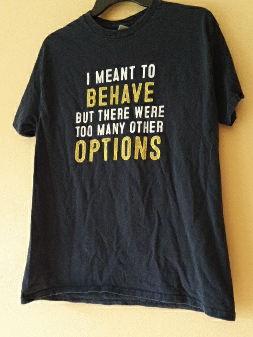 Gildan Navy Blue Tee with Yellow & White Funny Text, Sz M